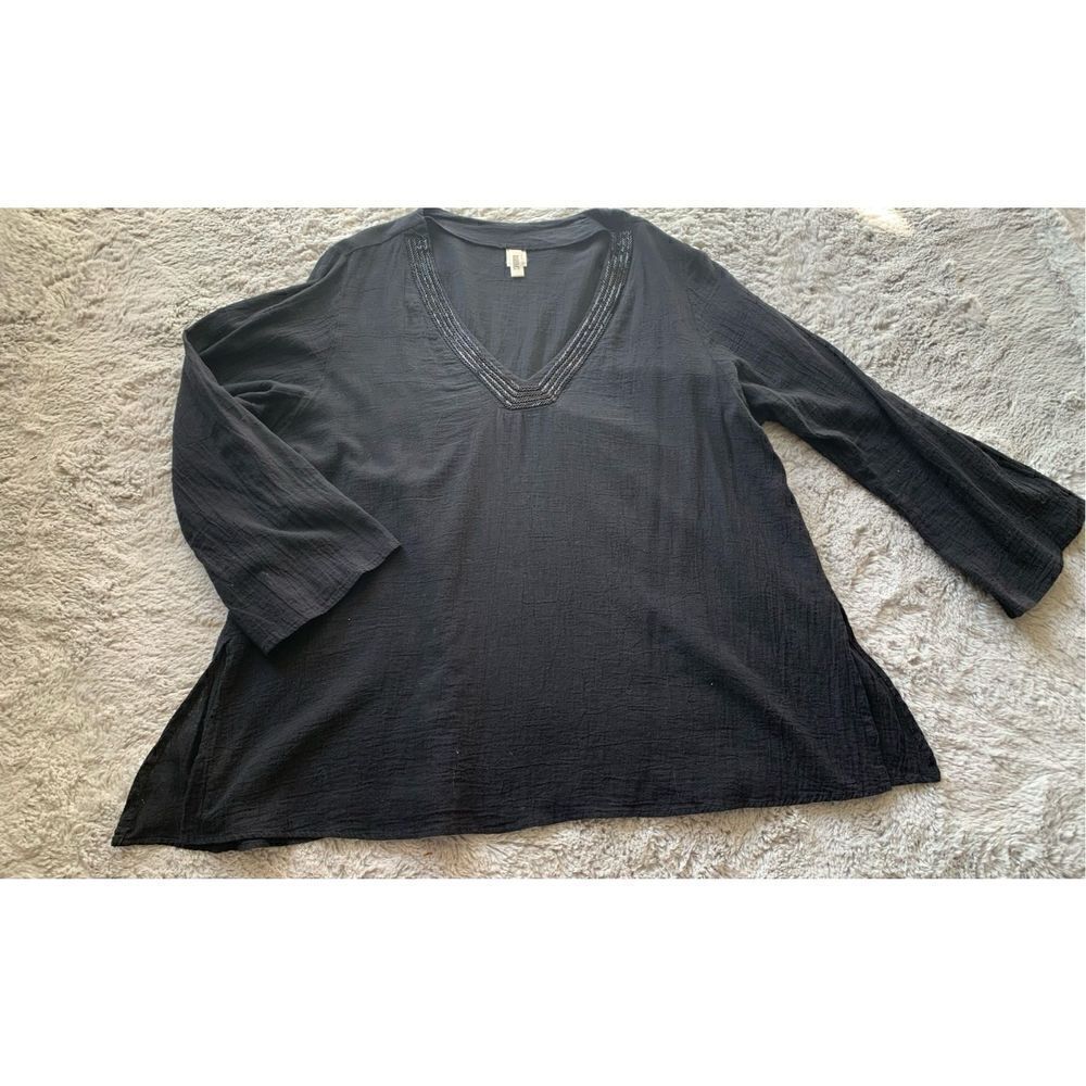 BADGLEY MISCHKA BLACK BEADED V NECK COTTON TUNIC SHIRT TOP BLOUSE vintage